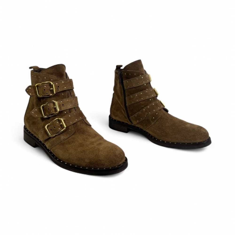 Minelli Brown Suede Studded Ankle Boots Buckle Moto EU 38 - Picture 8 of 13